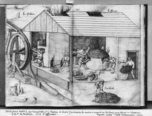 Silvergruva La Croix-aux-Mines, Lorraine, fol.22v och fol.23r, gjuteri och raffinering, c.1530 (penna och bläck och wc på papper)
